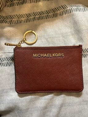 Michael Kors Rust Brown Saffiano Leather Card Case with Gold Keyring